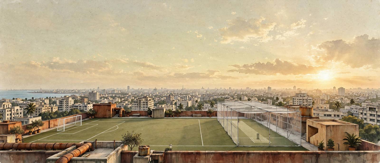 Illustrated city sports turf at golden hour