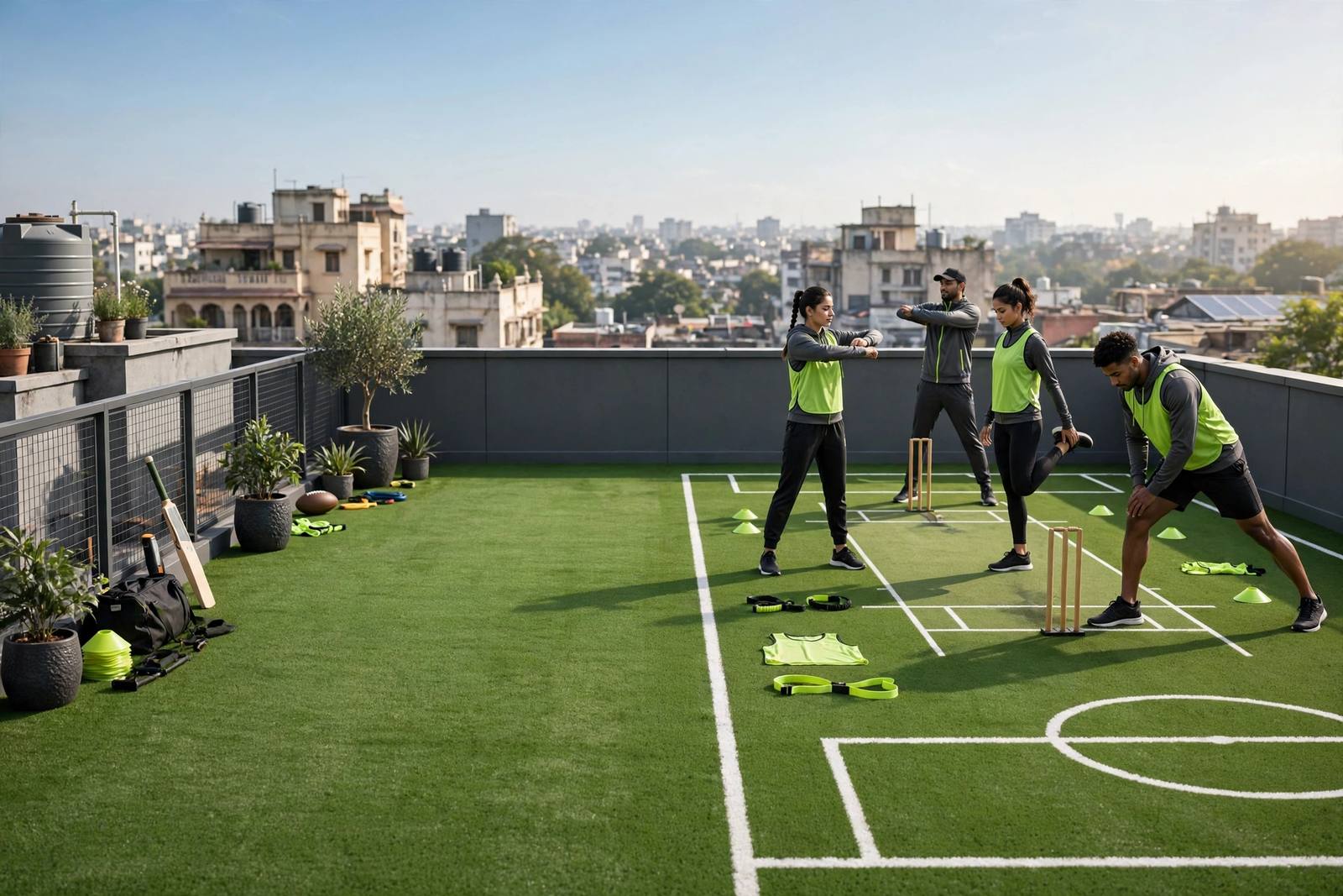 Players warming up on a rooftop multi-sport turf in daylight