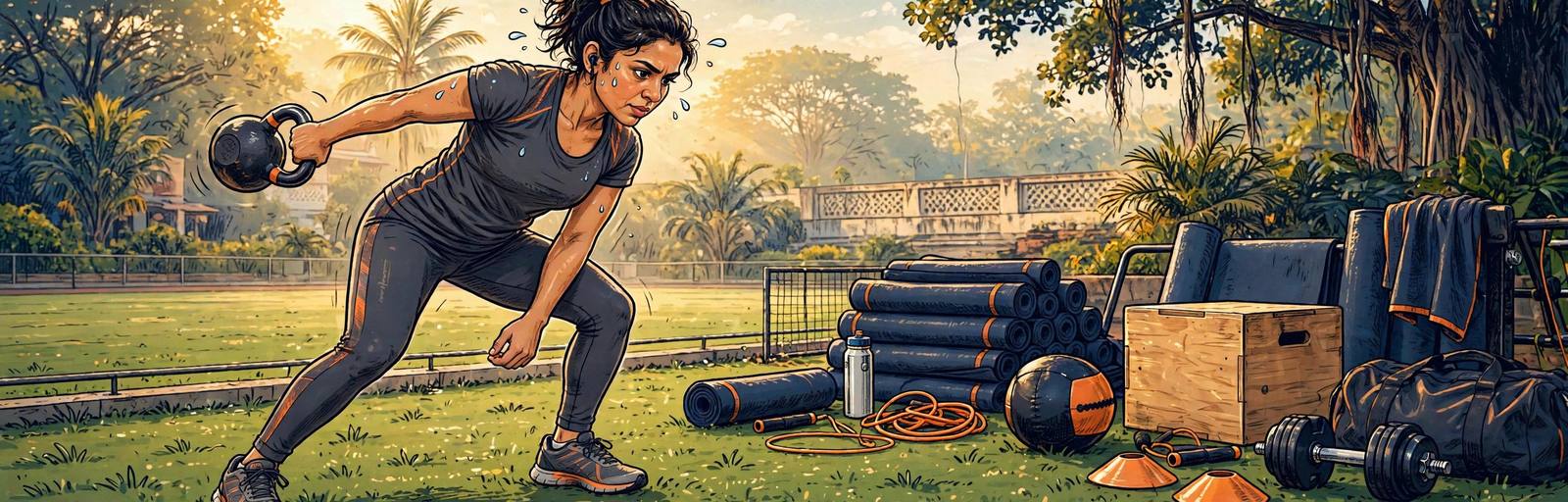 Caricature-style illustration of an athlete training with a kettlebell beside a turf