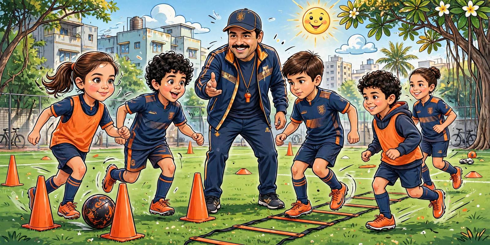 Caricature-style illustration of a coach guiding children through a football drill